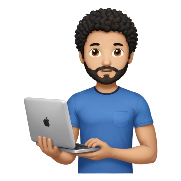 men holding his computer in hands. light brown skin men with curly black hair, dark brown eyes, little grown beard. ust a tiny bit muscular. dressed casual. round face. Dont Apple book  sticker