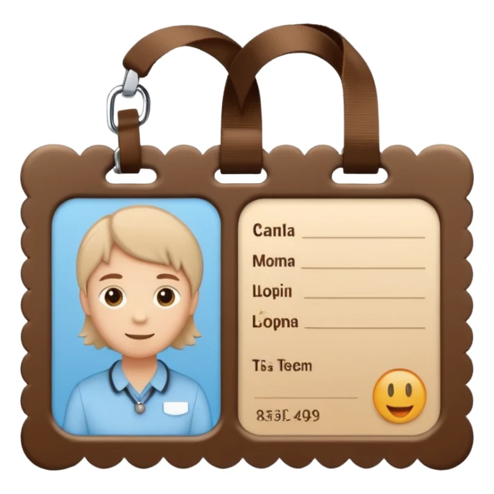 a light blue ID card with a decorative beige scalloped border. The card is attached to a brown lanyard looped at the top. It includes a small square area representing a photo and several horizontal lines indicating text information. sticker