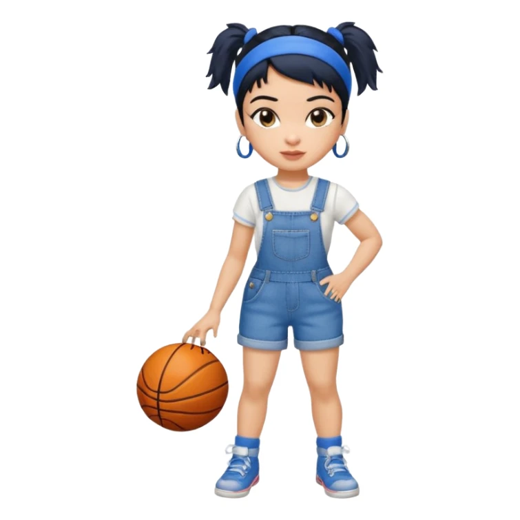 generate a pretty bratz that looks like Kajol Devgn\ bollywood actress
 Wearing  denim overalls with short blackhair and a blue hairband. Carrying a basketball sticker
