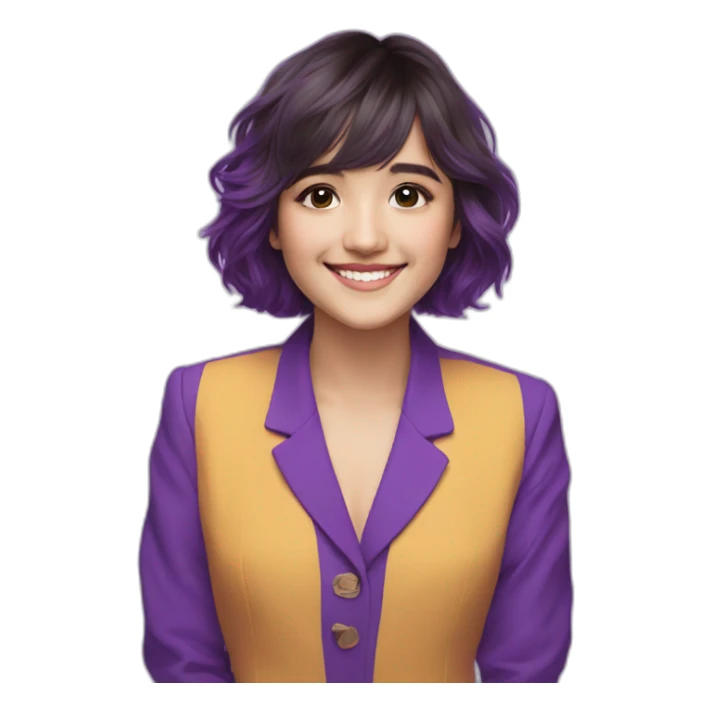 Shirley Setia front looking smiling wearing purple suit sticker