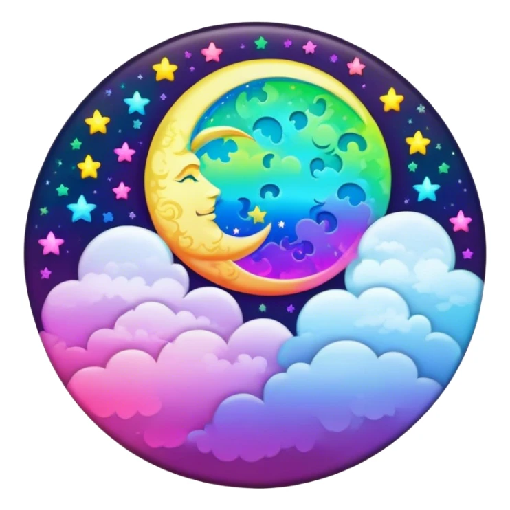 Beveled button with Neon rainbow colored damask style full moon with stars and clouds in the center sticker