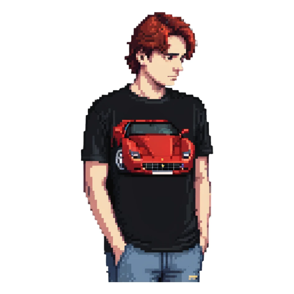 depressed man wearing a Ferrari t-shirt sticker