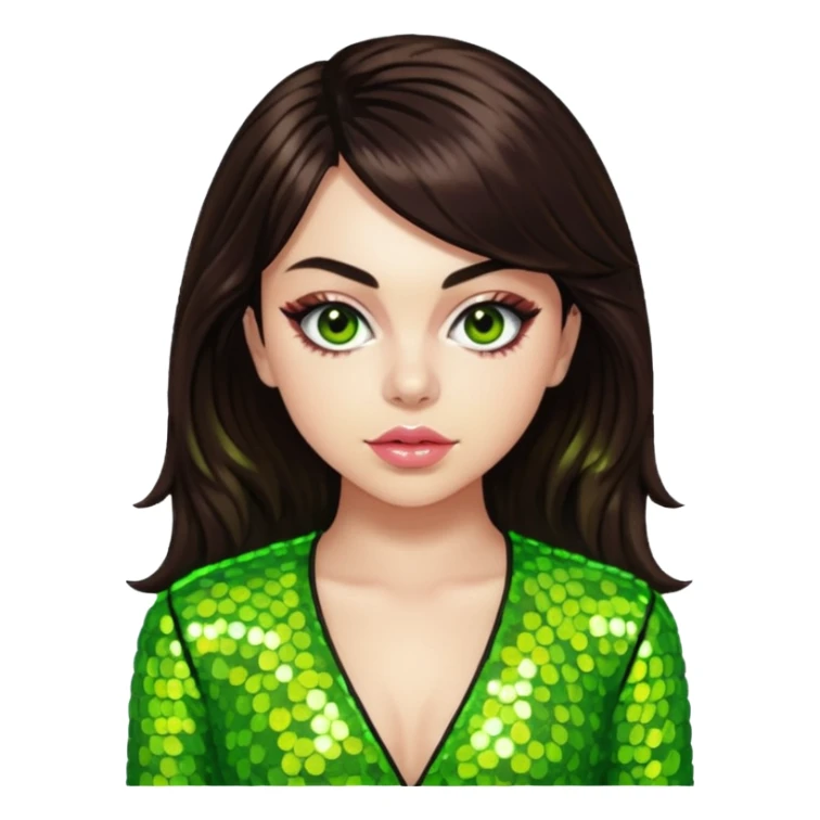 Charli XCX with long dark brown hair, lime green sequin outfit sticker