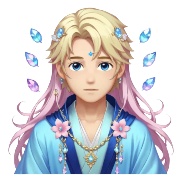Beautiful gorgeous blushing blue-eyed youthful elegant handsome anime guy with beautiful iridescent-special-medium-long-hair, fashion aesthetic, ethereal, fairycore, pastelcore, flower petals, crystals, layered robes, accessories, jewelries, gold, colorful, shiny, trending style, outside sticker