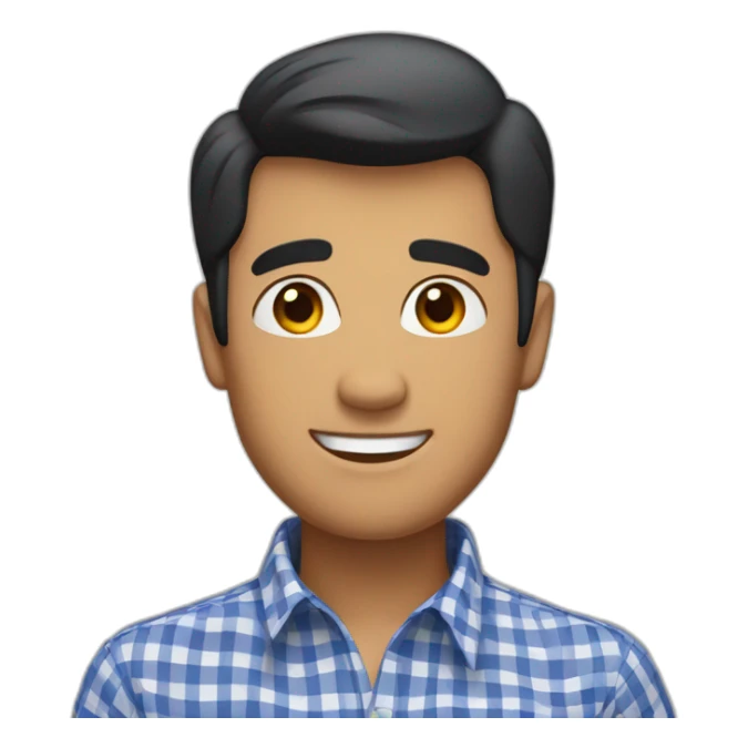 Tan man with short black hair and a gingham white/marine buttoned collar shirt sticker