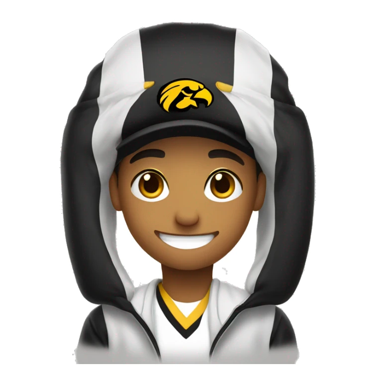smiling boy in white shirt and Iowa Hawkeyes hat sticker