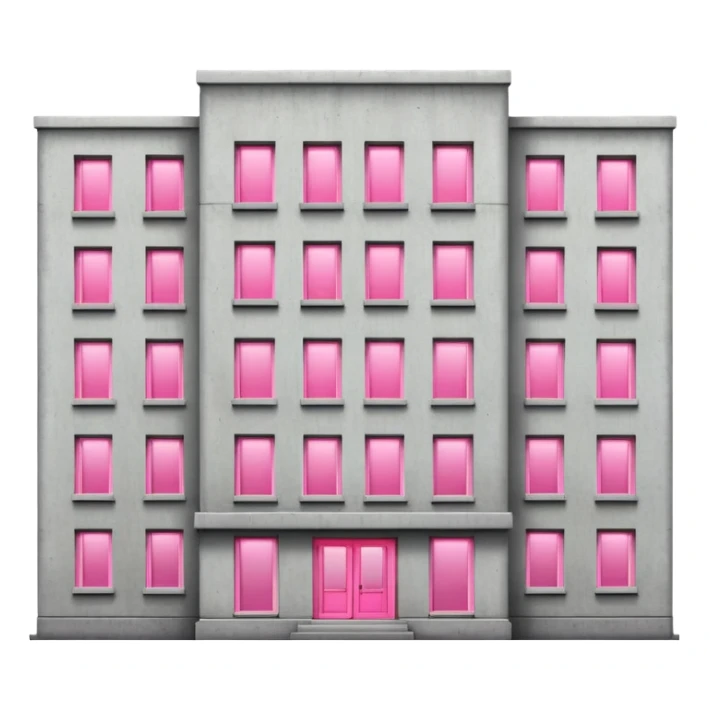 Soviet-style concrete apartment block with many normal windows and a single pink illuminated window sticker