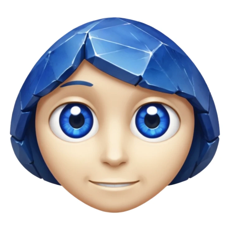 A single sapphire-blue faceted rock head, chunky and worn, with a few visible cracks and chipped facets but still shiny, big kind eyes and a confident smile sticker