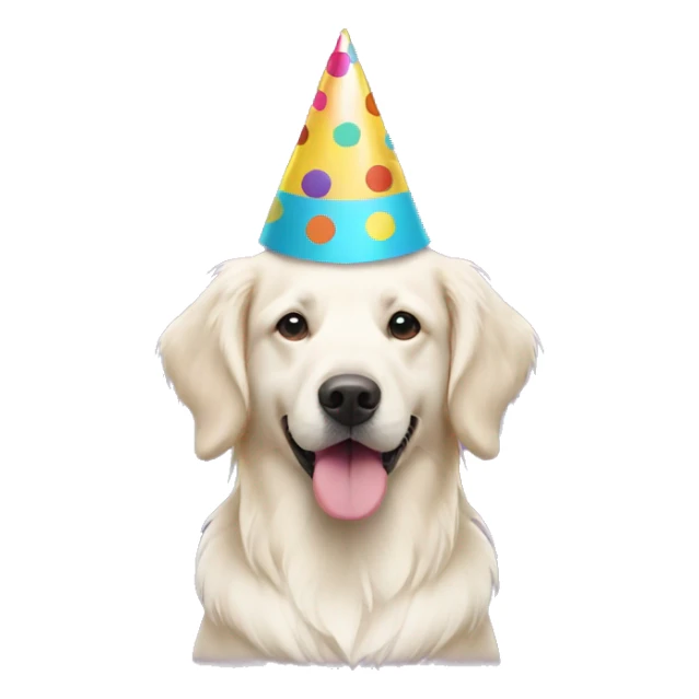 White golden retriever wearing polka dot party hat sticker