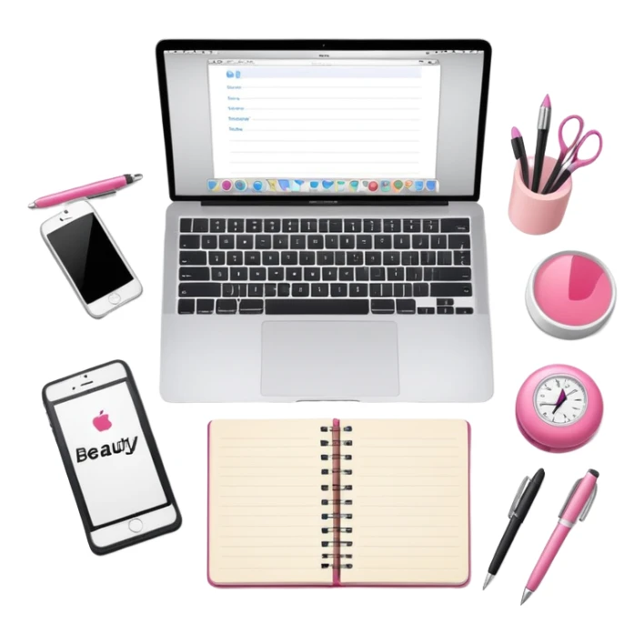 top view of a MacBook with a beauty salon logo on the screen, a notebook with one page filled with notes, and a pen laying on the notebook sticker