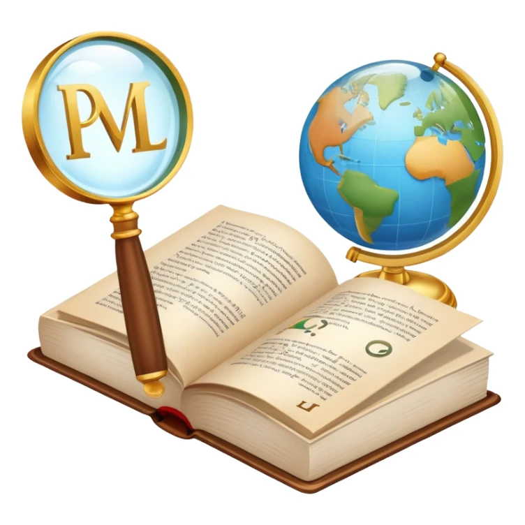 An icon featuring an open book, a speech bubble, and a magnifying glass, symbolizing philology and linguistics. The design includes language symbols, a globe, and alphabet letters, representing the study of languages and their structures. Transparent background  sticker