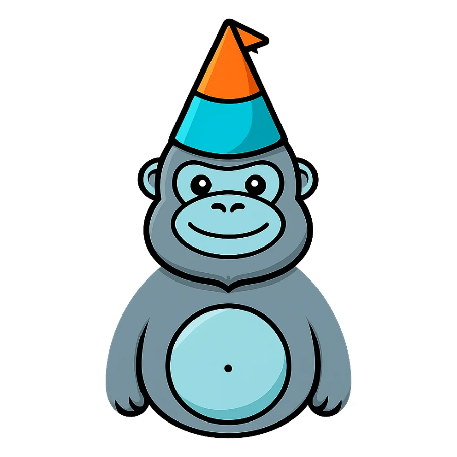 Make sure the cyan gorilla with a party hat has no legs, keep the background transparent. Maintain the original style and details of the image. sticker