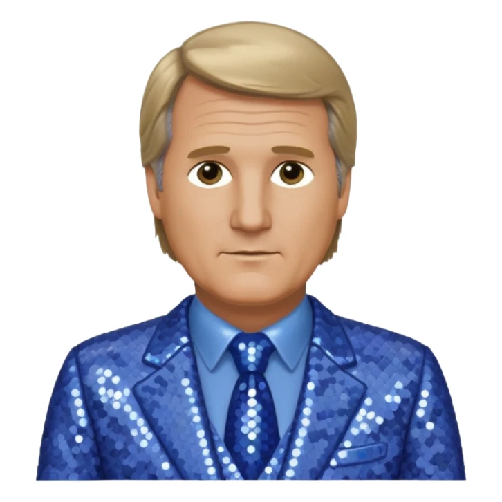 Jeff Daniels with dark blonde hair, periwinkle sequin suit sticker