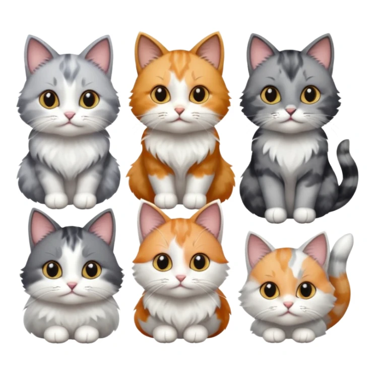 6 realistic looking cats with different natural coloured coats, assorted grey and white, greys, calico colours etc
 sticker