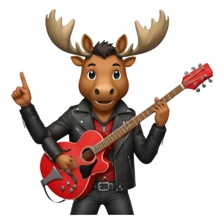 A man with a moose head in alaska pointing a red guitar directly up in the air. Make the graphics gritty and realistic like the moose man is a villian in a high budget batman movie. sticker