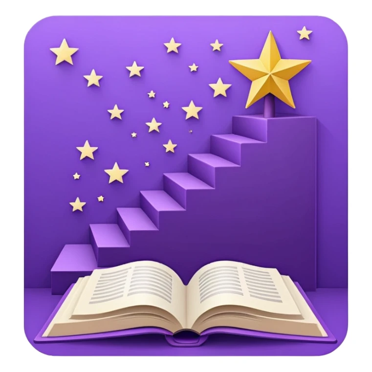 Minimal purple icon: an open book turning into a rising staircase with a star on top. Flat design. sticker