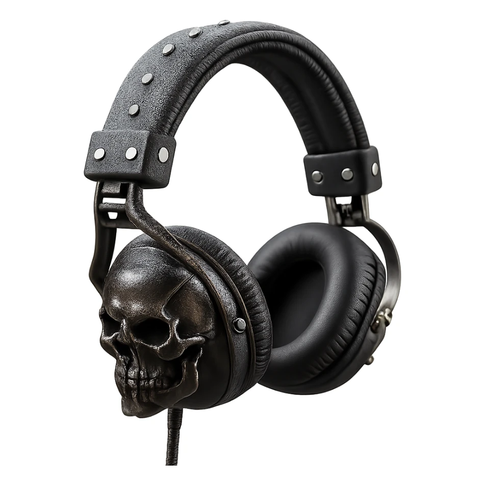 Remove the background, keep only the realistic black gothic headphones with sculpted skulls, leather texture, and silver studs, photorealistic style, with no background. sticker