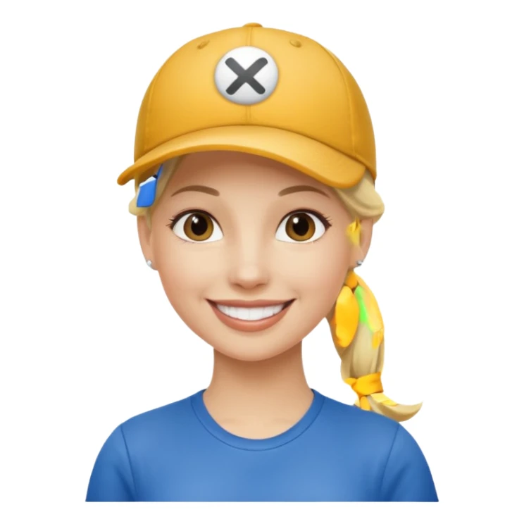 blond woman, pony tail, ball cap sticker