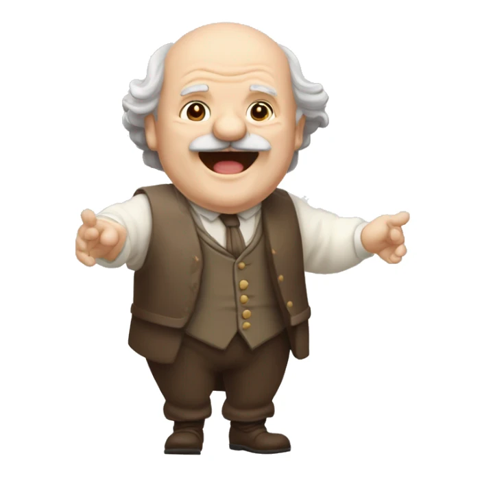 Short pudgy old man over enthusiastic happy excited face bald forehead long wavy gray and brown brunette long wavy hair moustache Shakespearean dress vintage clothes hamlet small arms sticker