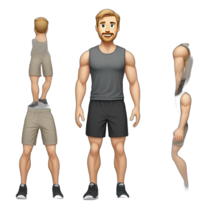 Full height Pale skinned muscular man With Realistic eyes and mouth, light brown hair and stubble In dark gray sleeveless mike, black oversize sports shorts, watch and white sneakers. sticker