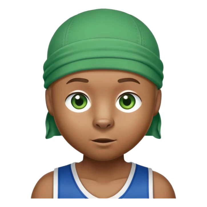 Brown bear with friendly expression and green eyes, white durag on head, blue basketball jersey visible up to shoulders, showing upper body, iOS emoji style sticker