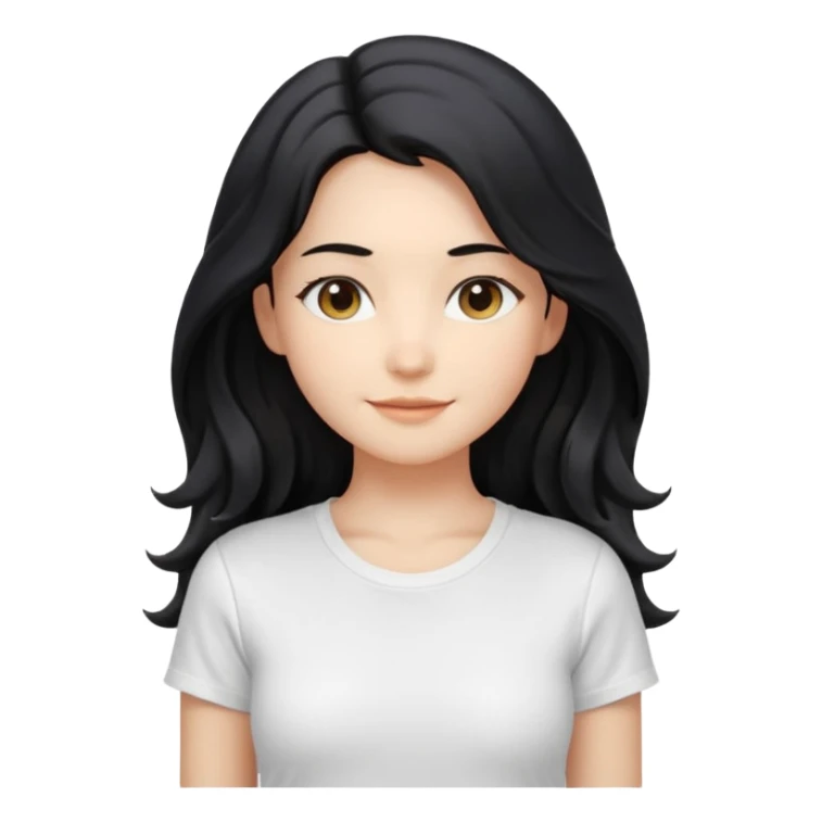 front-facing, chest-up portrait, symmetrical pose
long wavy black hair, glossy strands, slightly rounded volume, soft gentle smile, relaxed eyes, cute proportions
white T-shirt, minimal, pure white background, bright soft lighting, smooth plastic-like material, clean rende sticker