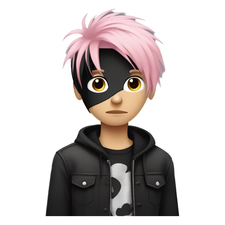 Create an emoji of an emo guy with split-dyed hair—one side pastel pink and the other side black. The hair should have a slightly messy, choppy texture, and the character should have a subtle, sad expression, wearing dark clothing typical of emo fashion sticker