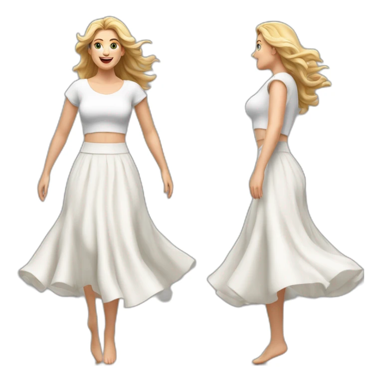 Hyperrealistic Full body Caucasian curvy beauty jumping white skirt back and front views strong wind sticker