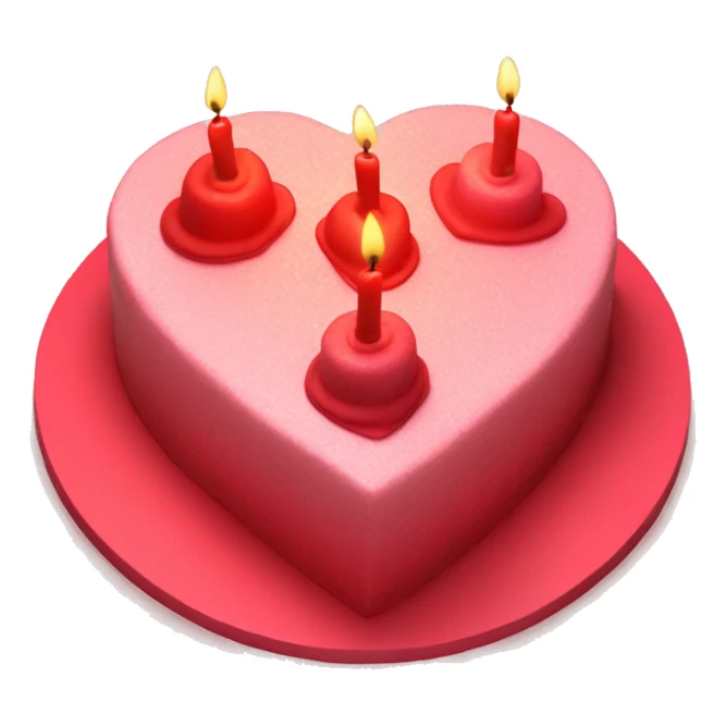Red primarily colored heart shaped birthday cake, top view, 4 candles sticker