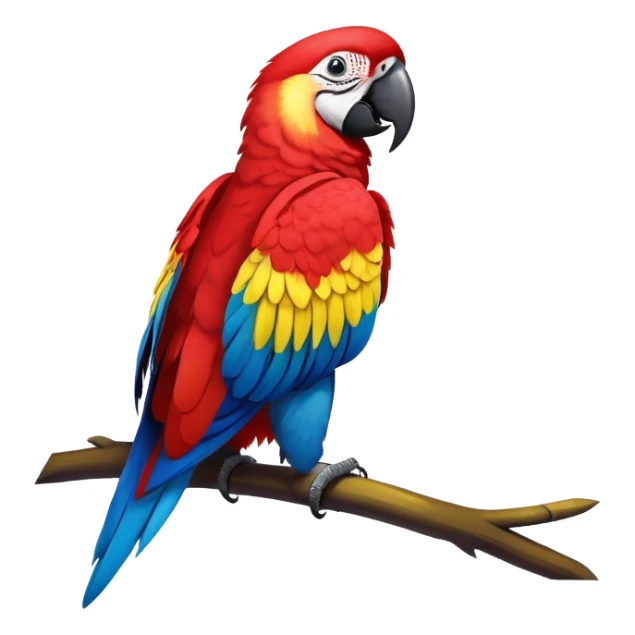 cinematic-macaw-realistic-full-body-standing-emoji,-vibrant-feathers-glowing-with-rich-reds,-blues,-and-yellows,-head-tilted-dramatically,-curved-black and white-beak-gleaming,-piercing-dark-eyes-exuding-confidence,-simplified-yet-realistic-focused sticker