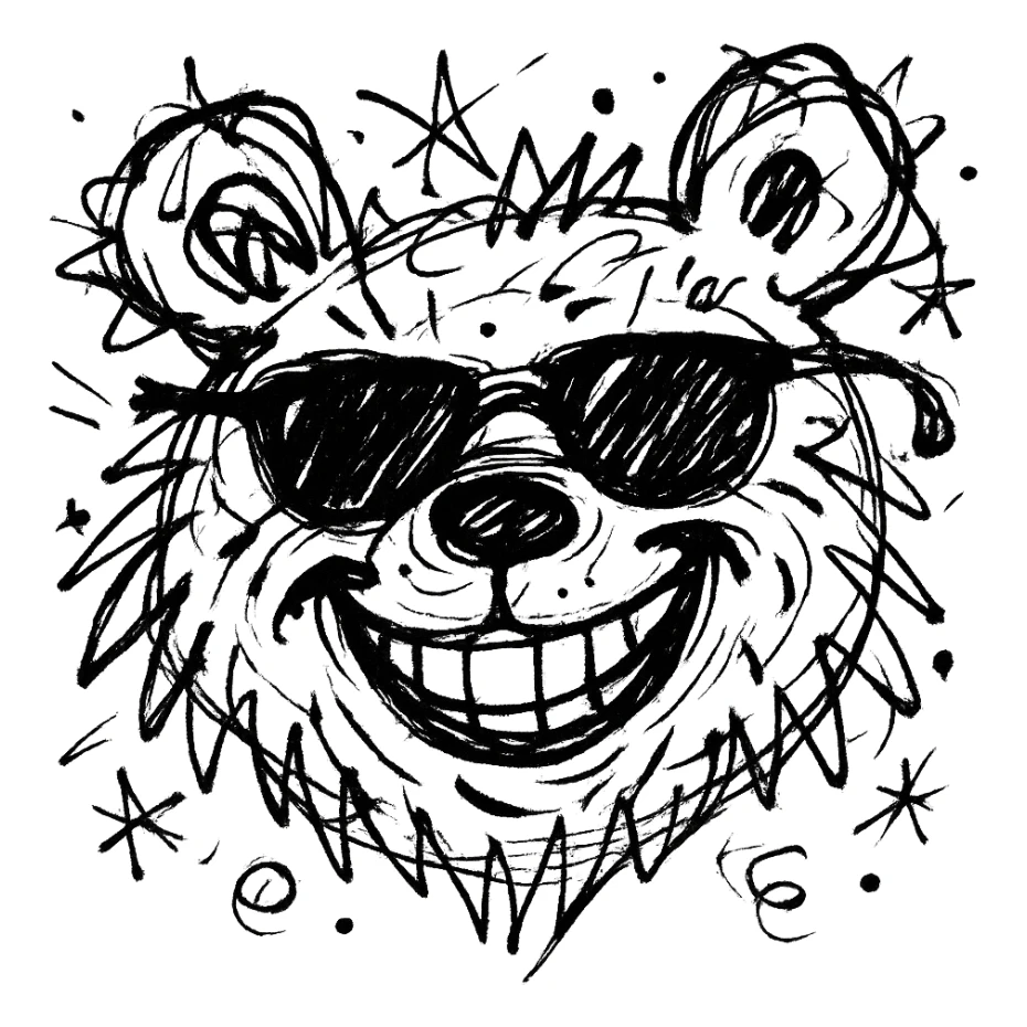 grizzly bear with sunglasses and a smile, chaotic doodle style sticker