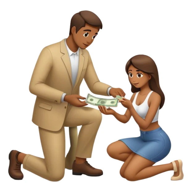 Man on knees facing woman handing her money sticker
