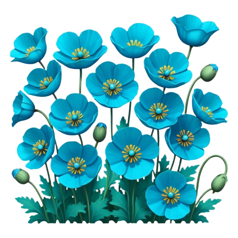 Hyperrealistic vivid, bright, ultra detailed, still life render, field of Himalayan blue turquoise Poppies sticker