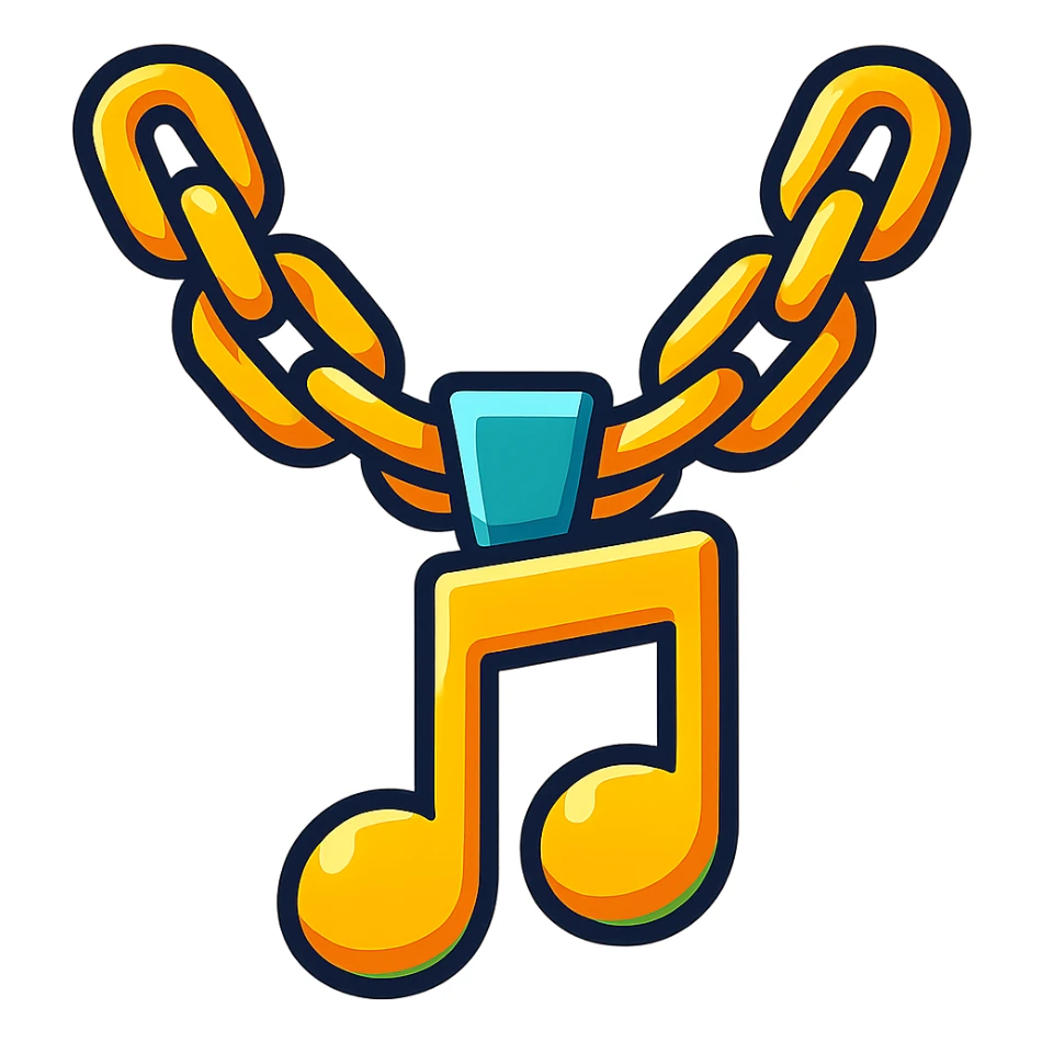 gold chain with music note pendant blending hip-hop and gaming vibes flashy eye-catching style streaming community badge sticker