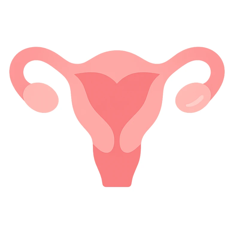 A clean, minimalistic vector illustration of a simplified uterus icon, designed as a stylized flower or heart shape with upward-sweeping fallopian tube 'horns'. Use smooth, well-defined lines with a modern flat design. Apply soft inner shadows and subtle highlights to give depth and gloss without breaking the flat aesthetic. Keep the design centered, symmetrical, and elegant. Transparent background. Color palette: soft pinks, muted reds, and gentle white highlights sticker