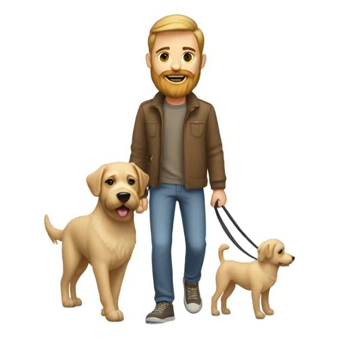 Bearded man taking his short hair beige dog for a walk  sticker
