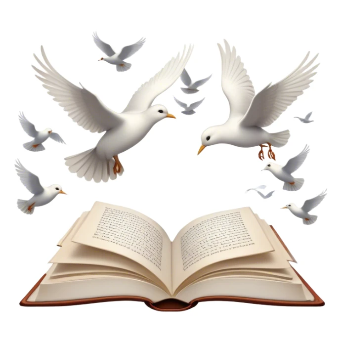 Icon for Poetry Reading: an open book with flowing verses, with pages transforming into a flock of white birds flying away. The icon should evoke the beauty, freedom, and emotional depth of poetry. Transparent background. sticker