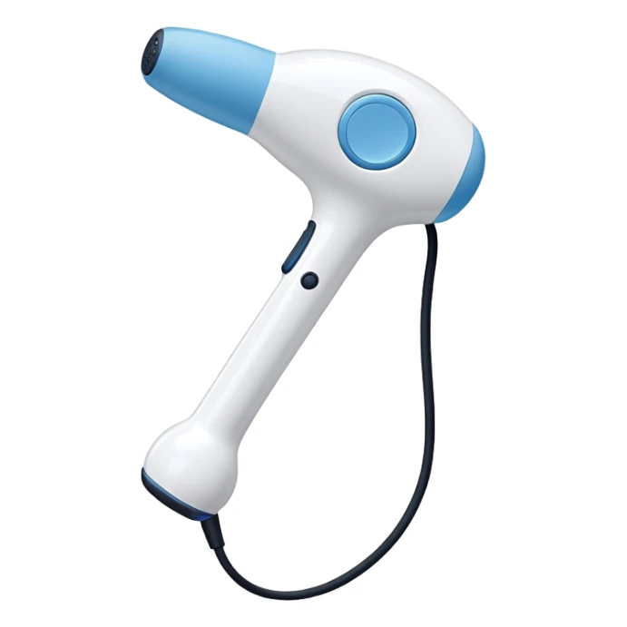 a white handheld massager with a rounded, padded head and a long handle. The handle features a blue accent area with a small black switch in the center, and a cord emerging from the bottom. The head is slightly larger than the handle and attached with a short blue neck sticker