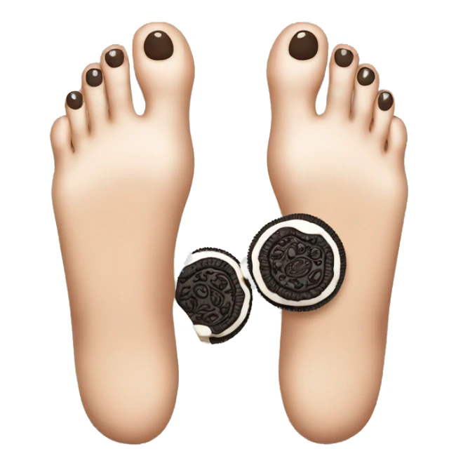 A bare foot with toes with an oreo cookie between the big toe sticker