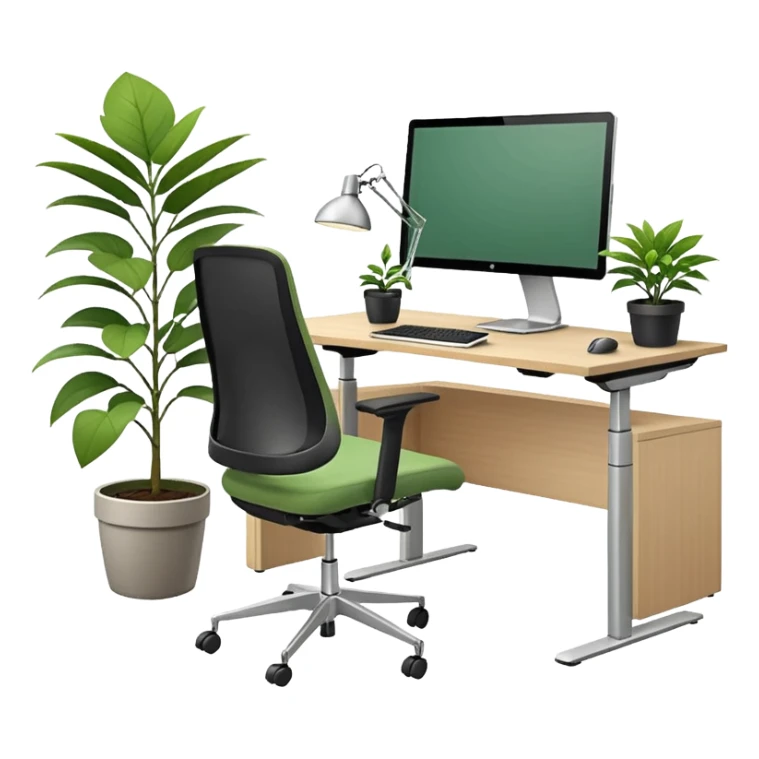 An ergonomic office setup with a height-adjustable desk and a large flat monitor on top. Next to it, a modern ergonomic swivel chair with supportive backrest, and a small potted plant placed on the desk or floor to add a healthy touch sticker