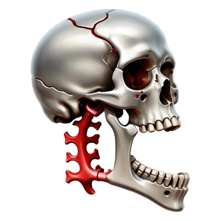 metallic anatomic bones with traces of blood, steel texture, dark dramatic tone, clean background sticker