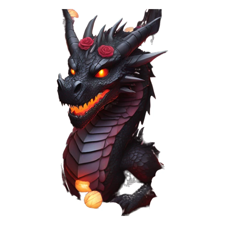 Black dragon breathing red flames, covered in thorned roses, surrounded by lanterns candles and fairy lights sticker