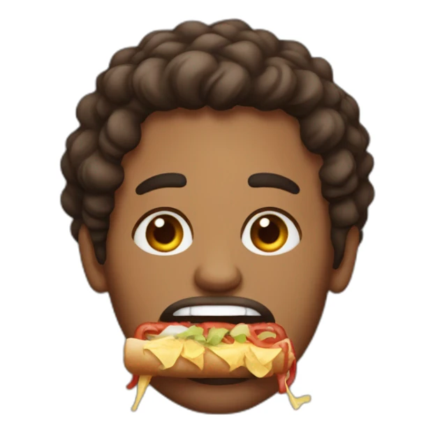 a brown skinned man, emaciated face with short curly hair eating a kebab sticker