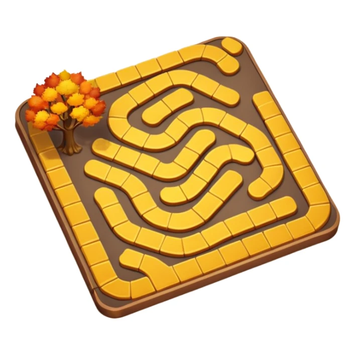 Create a cozy 3D cartoon board game path in warm autumn style. The path consists of 20 golden tiles in a winding S-shaped layout.  sticker