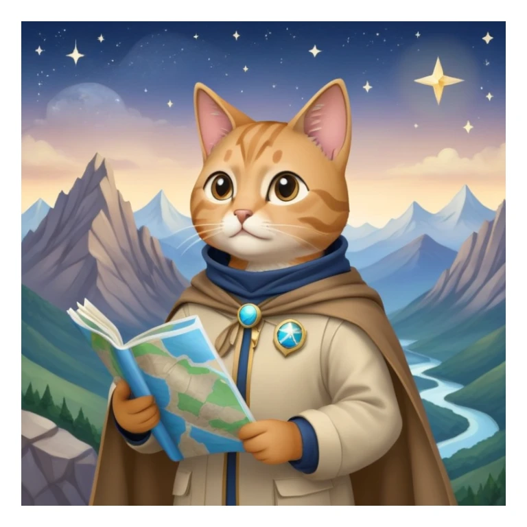 Explorer cat holding a map, mountains and stars in background, wearing light explorer clothing with flowing cloak, looking into distance sticker