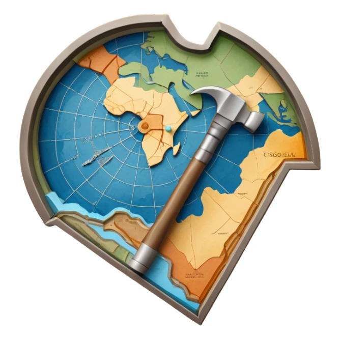 An icon featuring a crowbar and a geological map, and layers of Earth’s crust, symbolizing geology. The design includes mineral samples, fossils, and tectonic plates, representing the study of Earth’s structure and natural processes. Transparent background highlights geological exploration sticker