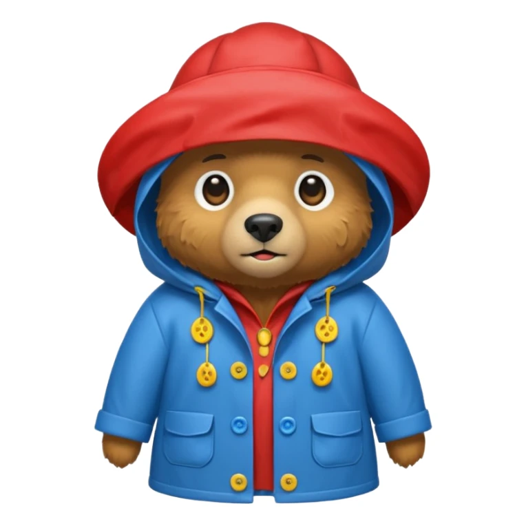 A bear in a red rain hat and a blue raincoat with yellow buttons down the middle sticker