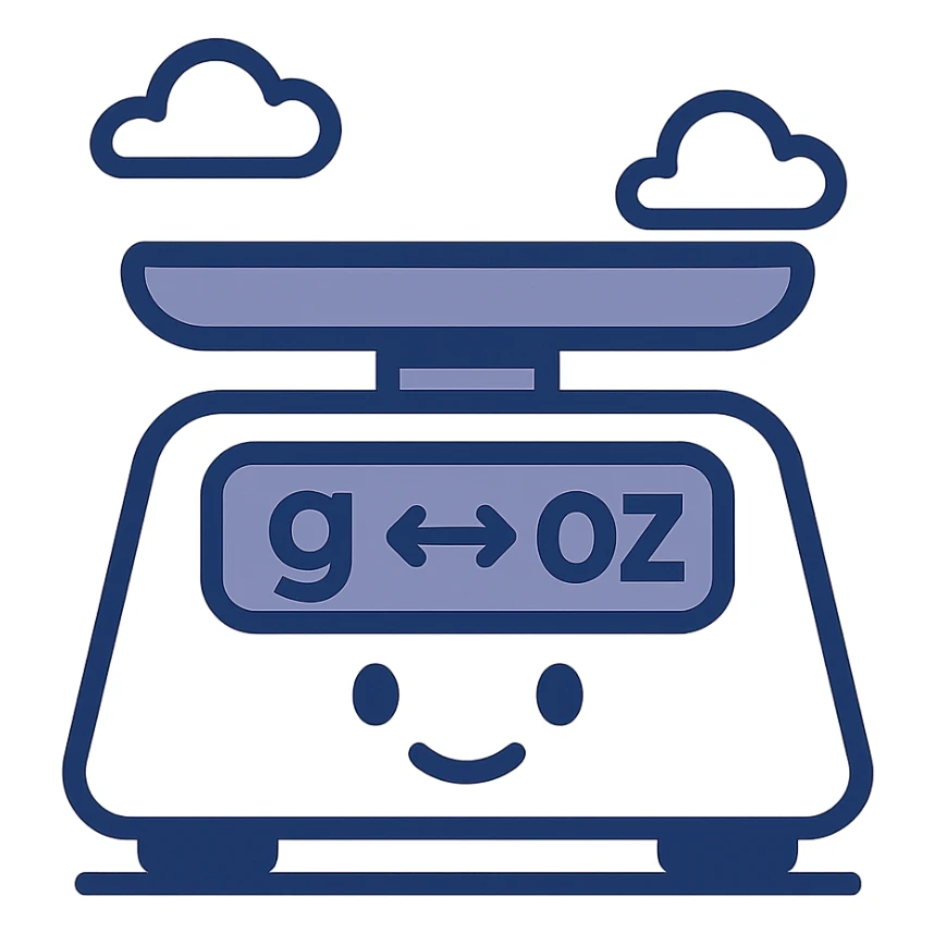 icon for grams to ounces, featuring a digital scale and both 'g' and 'oz' symbols, minimalist, flat design sticker