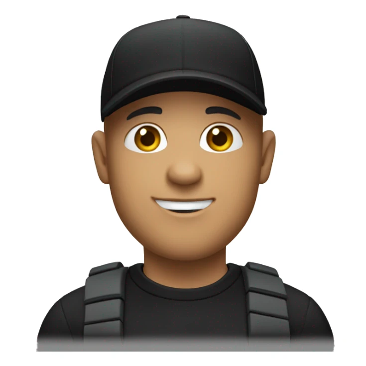 bald man pointing in front wearing a black cap and black polo sticker