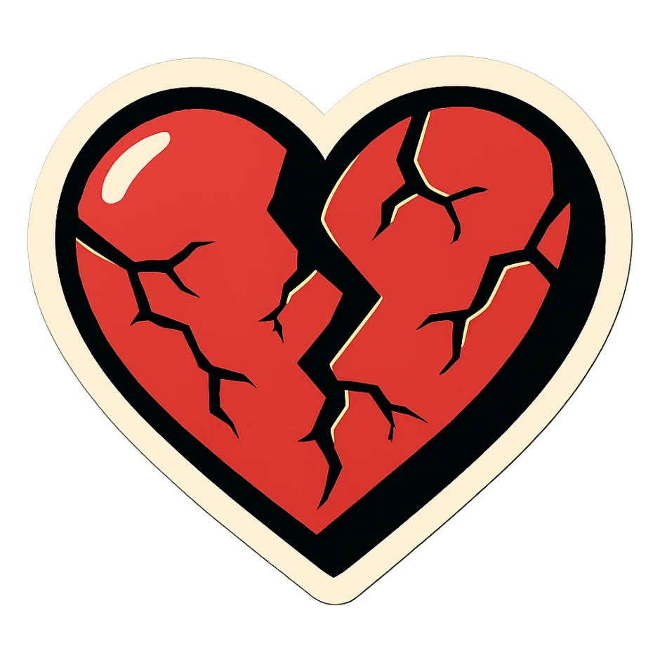 broken heart with large cracks, clear black outlines, sharp shadows and highlights only, no gradients, sharp color transitions, retro sticker style sticker